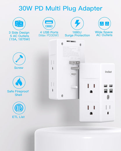 Surge Protector, 5 Outlets Extender with 4 USB Ports(USB C PD30W), 3-Side 1680J Power Strip Multi Plug Outlet Expander, USB Wall Charger, Outlet Splitter Adapter Wall Mount for Home Office(White)
