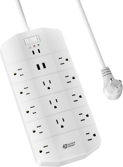 Power Strip,SUPERDANNY 5000 Joules Surge Protector with 13 AC Outlets 2 USB-A & 2 USB-C PD 20W Fast Charging Heavy Duty 14AWG/3C Industrial Grade 10ft Extension Cord for Workbench Home Office White