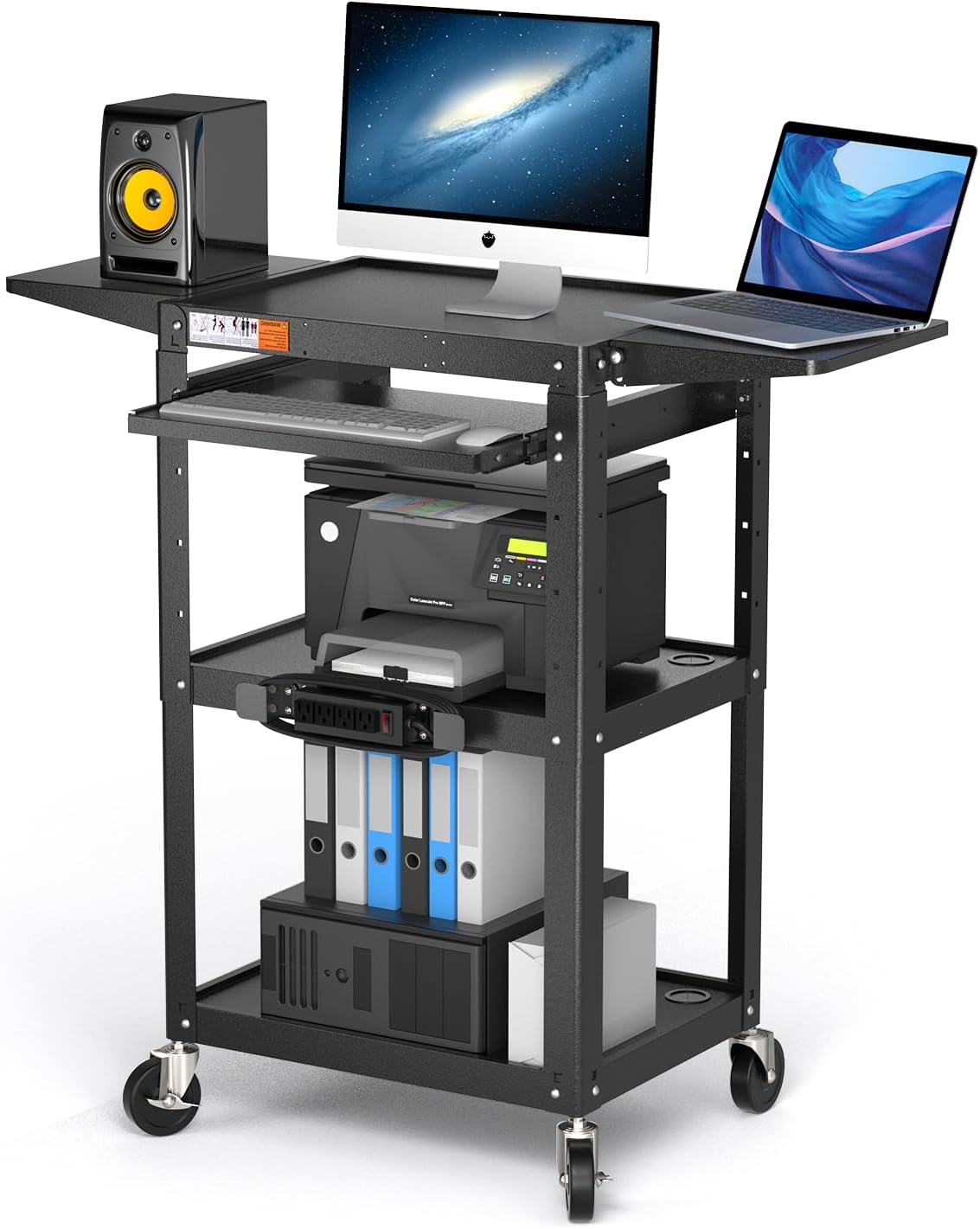 Large Steel AV Cart with Power Strip & Drop Leaves - Height Adjustable Metal Madia Cart with Wheels - Heavy Duty Rolling Computer Workstation for Laptop Projector Printer TV, Black (46" x 18")