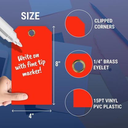 Tags 4 Less 15 Mil Waterproof Plastic Tags, Pack of 100 – 4” x 8” Heavy Duty Plastic Tags for Labeling, Outdoor Tagging, Equipment Labeling, Luggage, Valves & More (Fluorescent Orange/Red)