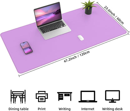 Leather Desk pad Protector- 47.2" x 23" Large Desk mat with Natural Cork & PU Leather,Mouse pad,Non-Slip Office Desk Mat,Waterproof Desk Writing Pad for Office and Home(Purple)