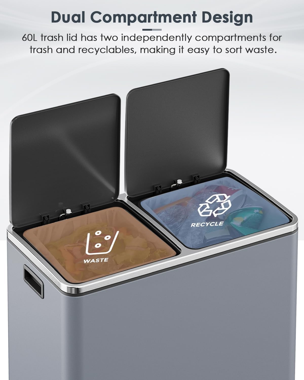 AthLike 60L(16 Gal ) Dual Trash Can, Stainless Steel Kitchen Garbage Can, Double Compartment Classified Rubbish Bin, Recycle Dustbin w/Plastic Inner Buckets, Handle, Soft-Close Lid, Airtight, Grey