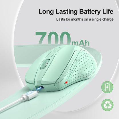 TECKNET Wireless Mouse (BT5.0/3.0 & 2.4G) Rechargeable 4800 DPI Silent USB A & Bluetooth Mouse 6 Buttons, Wide Compatibility - Green