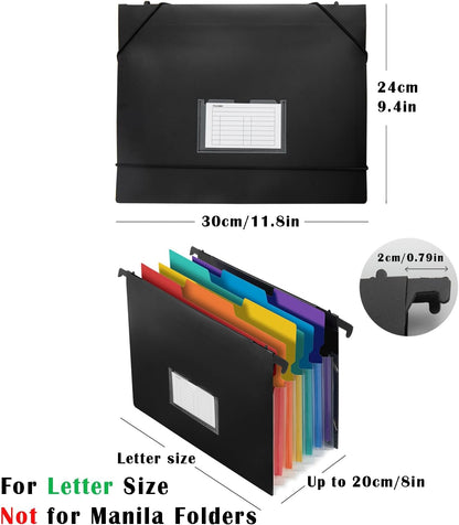 TRANBO 7-Pockets Hanging File Folder with Retractable Hooks for Filing Cabinet, Letter Size Expandable Accordion File Organizer with Elastic Band for File Frame or On-The-Go Use (6 Pack)