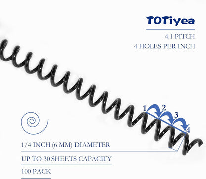 TOTiyea 100 Pack Plastic Spiral Binding Coils,6mm(1/4") Binding Spirals,30 Sheet Capacity,4:1 Pitch,Black