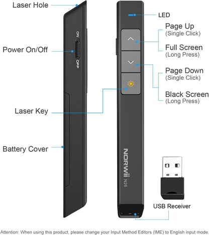 Norwii N26 Wireless Presentation Clicker, Presentation Remote, PowerPoint Clicker with Pointer for PowerPoint Presentations, Power Point Clicker Wireless Presenter Remote - Black
