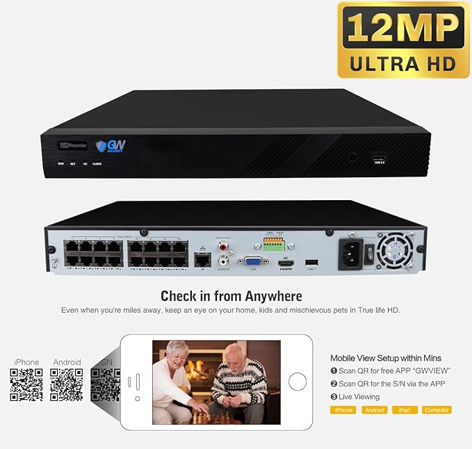 GW Security 16 Channel 12MP 4K NVR with 16 x 5MP AI PoE Microphone Weatherproof Security Camera System for Home and Business, Smart Human Detection, 24/7 Day & Night Recording with 4TB Hard Drive