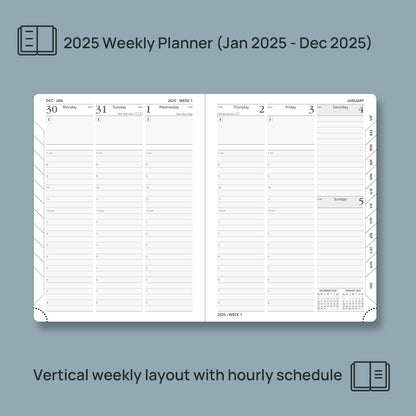 POPRUN 2025 Planner (Medium Size 8.5''x 6.5'' Hardcover) - Daily Weekly and Monthly Calendar Agenda 2025 Appointment Book with Hourly Time Slots, Monthly Tabs, 100 GSM - Pacific Green