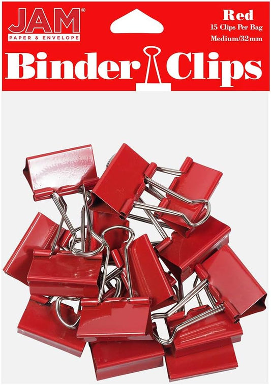 JAM PAPER Colorful Binder Clips - Medium - 1 1/4 Inch (32 mm) - Red Binderclips - 15/Pack