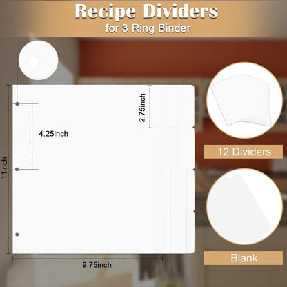 12 Sheet Recipe Dividers for 3 Ring Binder with 4 Tabs 9 3/4”×11” Paper Recipe Binder Dividers Blank Recipe Organizer Personalized Family Recipe Binder for Kitchen (White)
