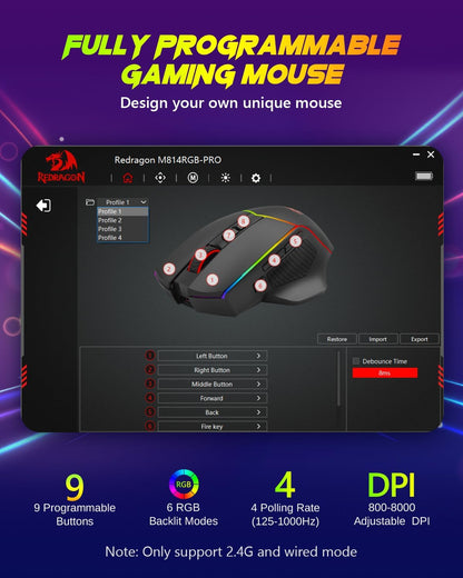 Redragon Wireless Gaming Mouse, Tri-Mode 2.4G/USB-C/Bluetooth Ergonomic Mouse Gaming, 8000 DPI, RGB Backlit Programmable Wireless Mouse, Rechargeable, 250 Hrs for Laptop PC Mac, M814