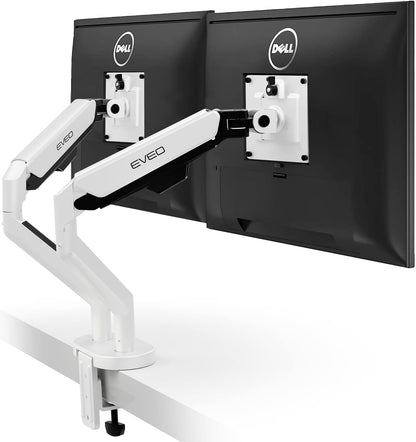 EVEO Premium Dual Monitor Mount 14"-35” Dual Monitor Arm VESA Bracket Adjustable Height Gas Spring Dual Monitor Stand, Screen Full Motion Dual Monitor Arm-Computer Monitor Stand for 2 Screens - White