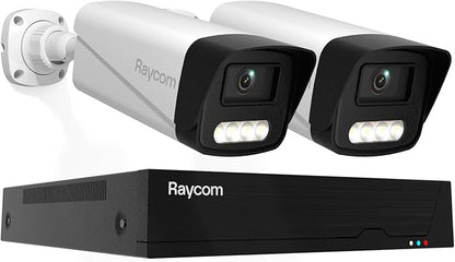 Rraycom 4CH Home Security Camera System, 2pcs Wired Outdoor PoE IP 3MP Cameras with Motion Detection, Two-Way Audio, Spotlight, 4K/3MP 4CH NVR with 1TB HDD for 24-7 Recording, No Monthly Fee