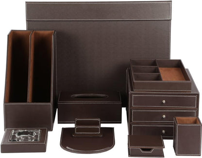 KINGFOM 10-Piece Office Desk Organizer Set, File Holder, Drawer Organizer, Memo Paper Holder, Pen Holder, Name Card Holder, Mouse Pad, Desk Pad, Tissue Box Holder (T07K)