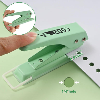 Single Hole Puncher, 1/4" Hole, 50% Labor Savings, Heavy Duty Metal Punch, 15 Sheet Capacity, for ID Cards, Chipboard, Art Project, Crafts Easy Punching, Green