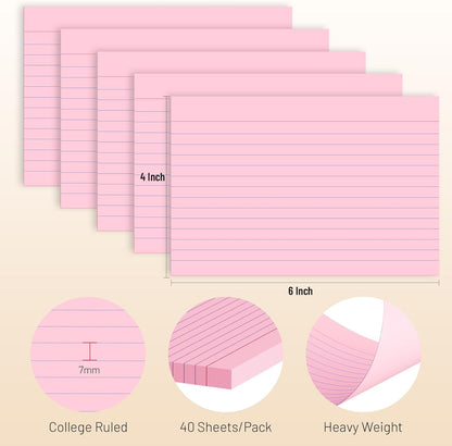 200 Pcs Index Cards 4 x 6 Inch Ruled Pink Index Cards, College Ruled Flash Cards for School, College, Office and Home Organization, Durable Study To Do List Note Cards with Ruled Lines, 5 Pack of 40