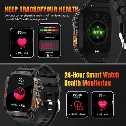 QTLLBT Military Smartwatch, Answer Make Calls LED Flashlight Barometer Compass 2.01HD IP68 Waterproof Outdoor Tactical Watch 100+ Sports Modes Sleep Heart Rate Available for Android iOS (Steel Band)