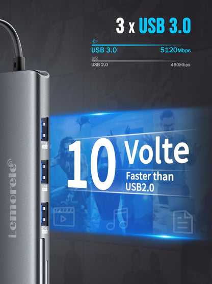 Lemorele USB C Hub 8-in-1 Adapter, USB-C Hub with 4K HDMI Output, 100W Power Delivery, USB 3.0 5Gbps Port, SD/TF Card Reader Adpater, Compatible for MacBook Pro, XPS, Chromebook and More(Blue)