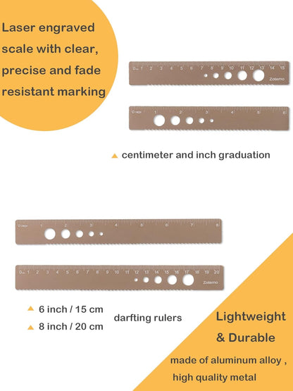 Metal Geometry Set, 5-Piece Aluminum Ruler, Math Drafting Ruler Kit Includes Protractor, Triangle Rulers, Straight Rulers-Math Measurement Tools for School and Office Supplies (Gold)
