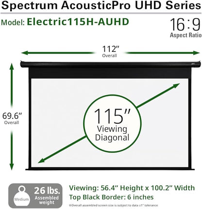 Elite Screens Spectrum AcousticPro UHD 115-inch Motorized Projector Screen Electric Projection Screen 16:9, 4K Moiré-Free Sound Transparent Perforated Weave 4K Ready Drop Down Projector Screen