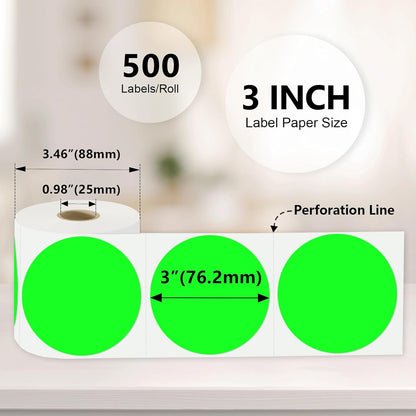 3 X 3 Inch Color Coding Dot Labels Circle Thermal Printable Waterproof 500 Pcs Round Stickers Adhesive Writable for Office, Home, Garage, DIY Sticker, Barcodes, Name Tag, Fluorescent Green