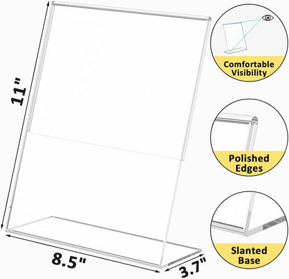 4 Pack Acrylic Sign Holder 8.5x11, Clear Plastic Slanted Back Sign Holders, Desktop Papers Menus Frame Flyer Document Holder Display Stand for Coffee Shops, Hotels, Offices, Public Spaces