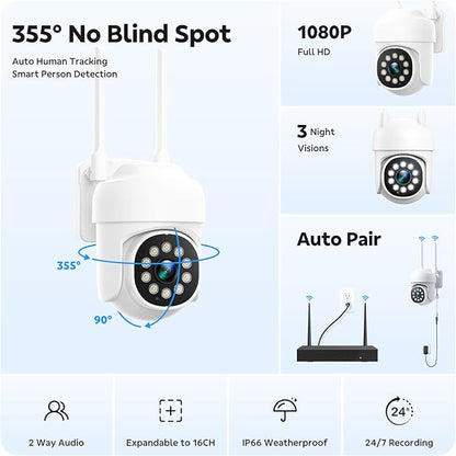 CAMCAMP 16 Channel Security Camera System Wireless Cameras for Home Security, Pan & Tilt 360° View, Auto Human Tracking, 4K NVR w/ 500GB, Two-Way Audio, 3 Night Vision, CCTV Surveillance Kit(16, CAM)