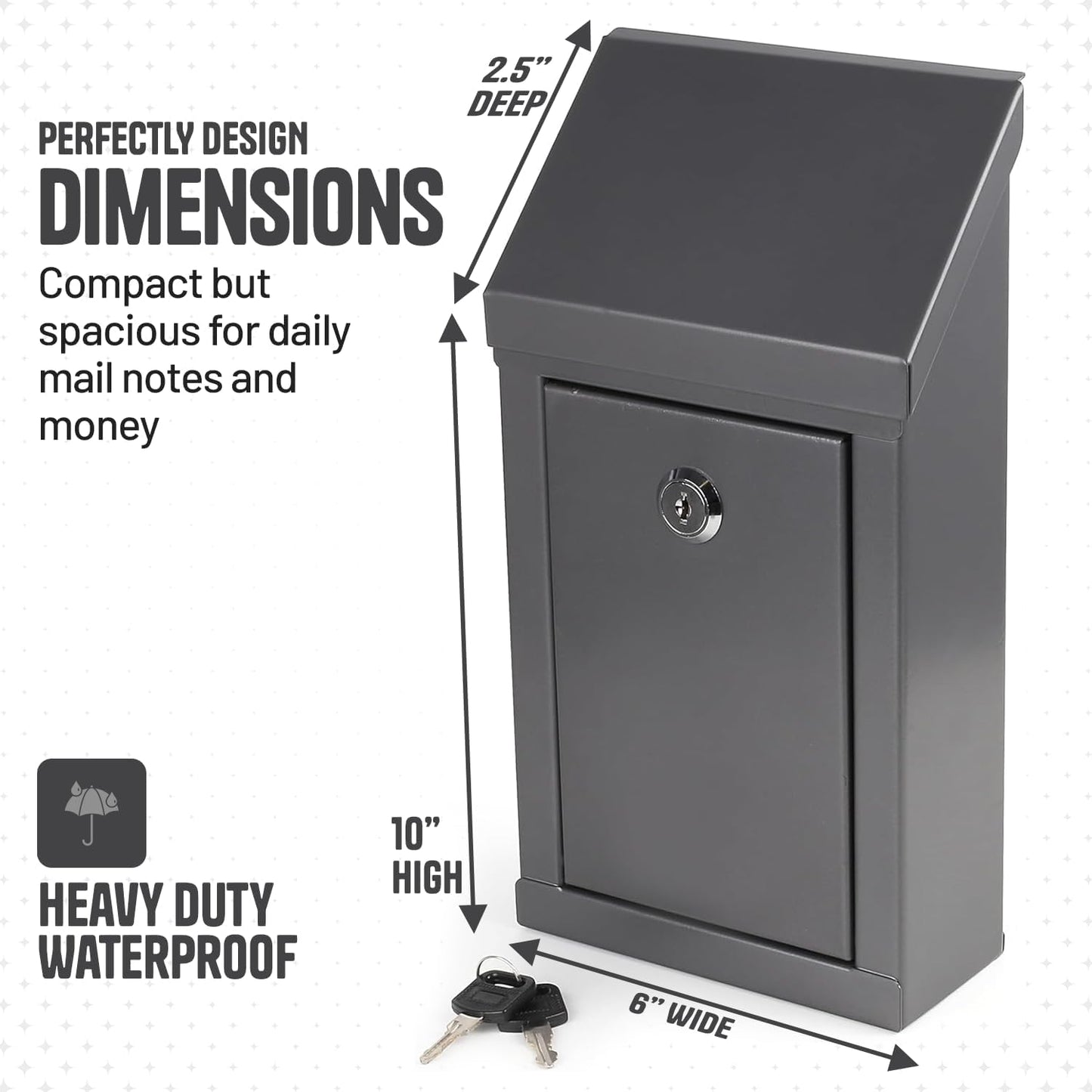 Metal Donation Box-Suggestion Box with Slot and lock-Cash Lock box for Money-Waterproof Drop Box-Comment and ballot voting box-comes with pre-drilled holes for easy wall mounting 10 X 6 X 2.5"(Gray)