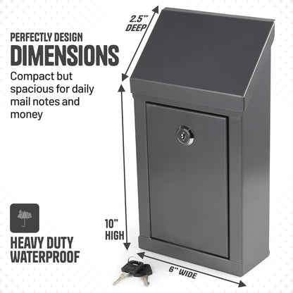 Metal Donation Box-Suggestion Box with Slot and lock-Cash Lock box for Money-Waterproof Drop Box-Comment and ballot voting box-comes with pre-drilled holes for easy wall mounting 10 X 6 X 2.5"(Gray)