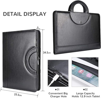 Darolin Zippered Leather Padfolio Portfolio with Hidden Handle and Clipboard, Business Conference Organizer Notepad Folder, Portfolio Bag, Padfolio for Women/Men (Black)