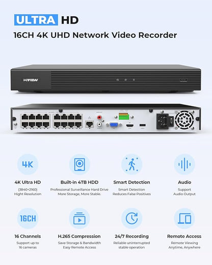 H.VIEW 16 Channel NVR PoE Security Camera System Wired, 8MP 4K 16CH Commercial NVR 4TB, Smart AI Color Night, 16x 8MP Outdoor Audio IP Cameras, 16x Network Cables, CCTV for Businesses Home