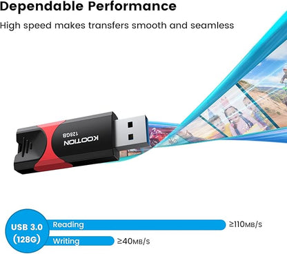 KOOTION 128 GB USB 3.0 Flash Drive Thumb Drive Retractable 128G Zip Drive Ultra High Speed USB Stick Jump Drive Rugged Memory Stick with LED Indicator for Data Storage and Transfer