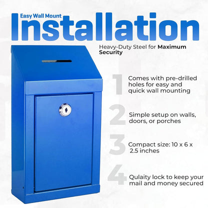 Metal Donation Box-Suggestion Box with Slot and lock-Cash Lock box for Money-Waterproof Drop Box-Comment and ballot voting box-comes with pre-drilled holes for easy wall mounting 10 X 6 X 2.5"(Blue)