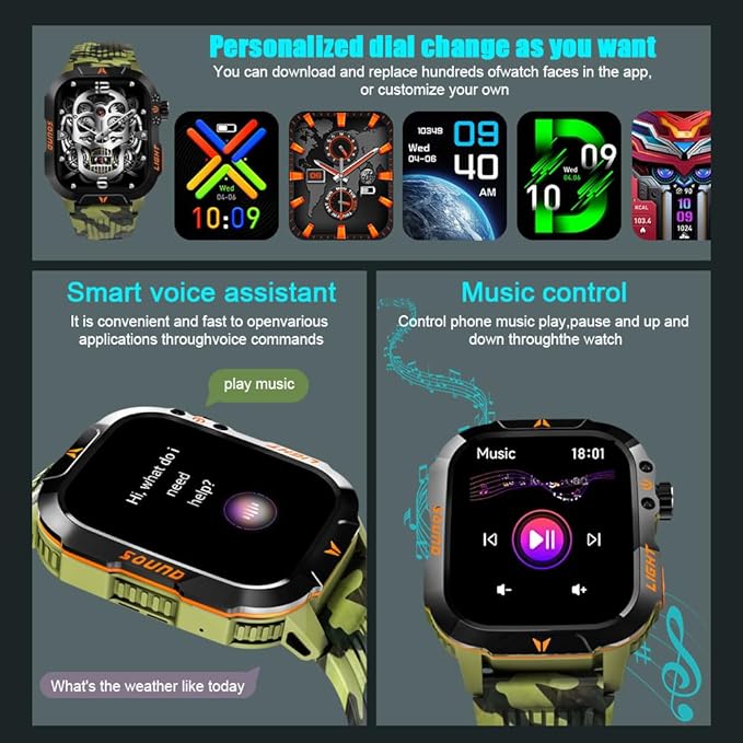QTLLBT Smart Watch Receive/Make Calls LED Flashlight Compass Altitude 2.01HD Fitness Tracker Multi-Watch Face 100+ Sports Mode for Android iOS (Camouflage Green)