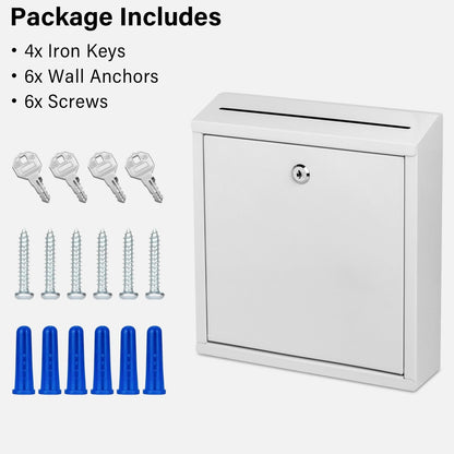Suggestion Box with Lock and Slot, Wall Mounted Metal Drop Box with 4 Keys, Secure Locking Box for Cash and Ballots, Office MailBox, 10.4 x 2.9 x 11 Inch, White