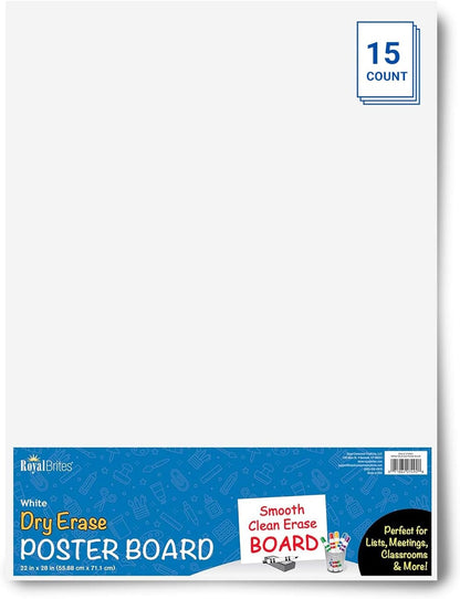 Royal Brites Dry Erase White Poster Board 22x28”, Lightweight & Ideal for Classrooms, Offices, Arts & Crafts, 2-Sided Premium 22x28 Poster Board White, Pack of 15