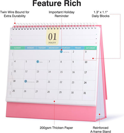 Desk Calendar 2026-2027, 2 Years Calendar Runs from Jan. 2026 until Dec 2027, Table Monthly Planner with Stickers for Home,Office,School Organization(L-Pink,9.8" x 9.6")