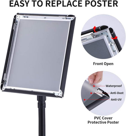 Heavy Duty Adjustable Pedestal Poster Sign Stand, 11x17 Aluminum Open Floor Standing Sign Holder for Vertical and Horizontal View Display. (2 Pack, Black)