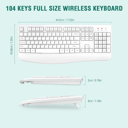 EDJO Wireless Keyboard, 2.4G Ergonomic Full Size Wireless Computer Keyboard with Wrist Rest for Windows, Mac OS Desktop/Laptop/PC（White）