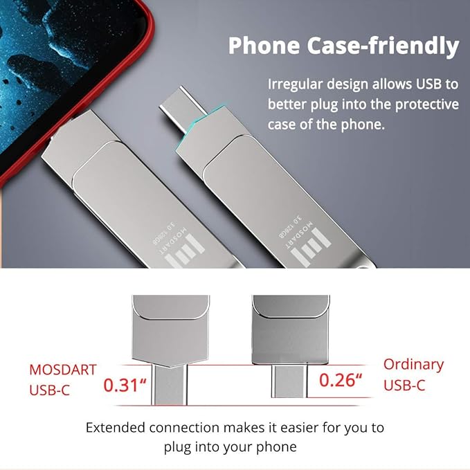 MOSDART 128GB USB3.1 Fast Speed C and A Dual Flash Drive, exFAT Memory Stick with Keychain Loop, for iPhone 15,16,17, Android Phone, iPad, MacBook, Silver(Pack of 2)