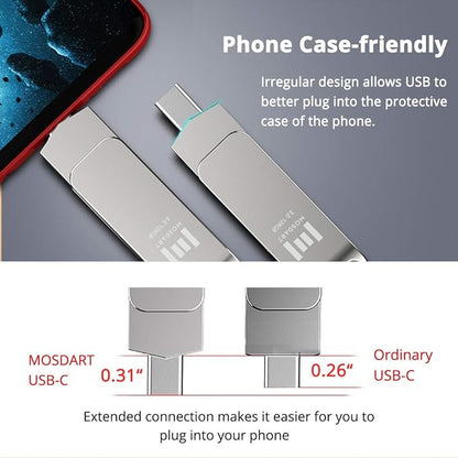 MOSDART 128GB USB3.1 Fast Speed C and A Dual Flash Drive, exFAT Memory Stick with Keychain Loop, for iPhone 15,16,17, Android Phone, iPad, MacBook, Silver(Pack of 2)