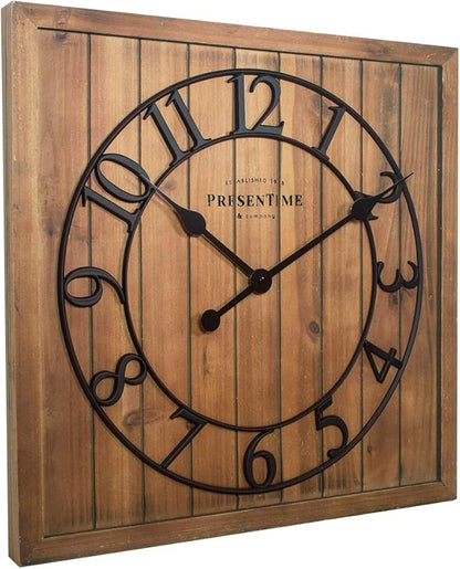 Presentime & Co 21" Farmhouse Square Shiplap Barn Door Wood Clock - Fir, Arabic Numeral. Home Decoration/Wall Decoration/Farmhouse Décor for Living Room, Dining Room, and Entryway.