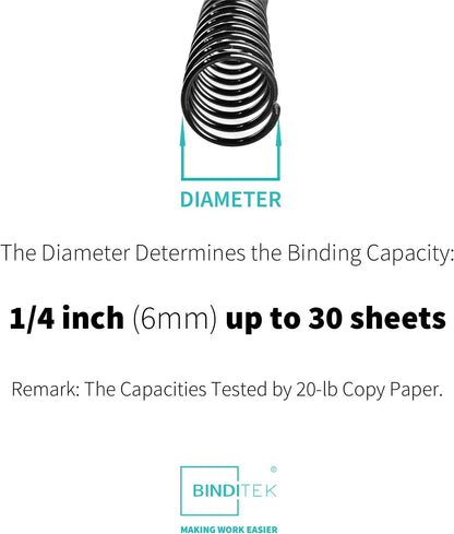 Binditek 200 Pack Plastic Spiral Binding Coils, 6mm(1/4"), 30 Sheet Capacity, 4:1 Pitch, Black, 48Loops, for Letter Size, for Students and Coworkers