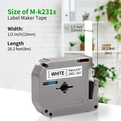 Fimax Replacement for Brother P Touch M Tape M231 MK231 MK-231 12mm 0.47 Inch to use with Brother PTouch PT-M95 PT-90 PT-70 PT-65 PT-85, Black on White, 26.2 Feet, 8-Pack