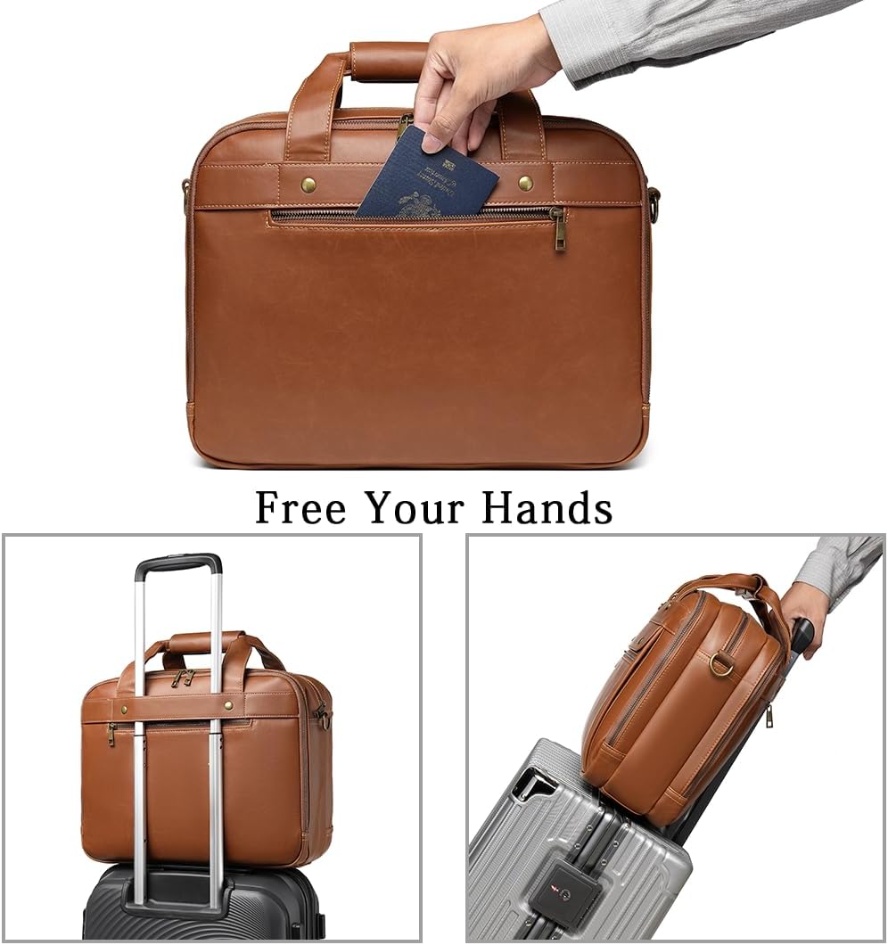 Leather Briefcases for Men 15.6 Inch Laptop Messenger Bag with Triple Compartments Water-Resistant Computer Shoulder Bag for Business, Travel, Work, Office, Coffee