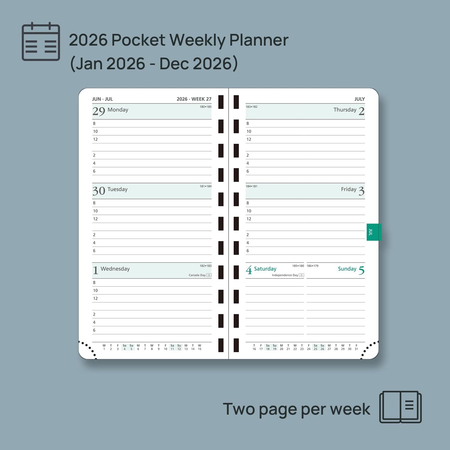 POPRUN 2026 Pocket Planner (Slim Size 3.5" x 6.5") Weekly and Monthly Calendar for Purse, with Hourly Time Slots, 100GSM Thick Paper, Spiral Soft Cover, Pen Holder - Night Sky Blue
