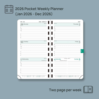 POPRUN 2026 Pocket Planner (Slim Size 3.5" x 6.5") Weekly and Monthly Calendar for Purse, with Hourly Time Slots, 100GSM Thick Paper, Spiral Soft Cover, Pen Holder - Green