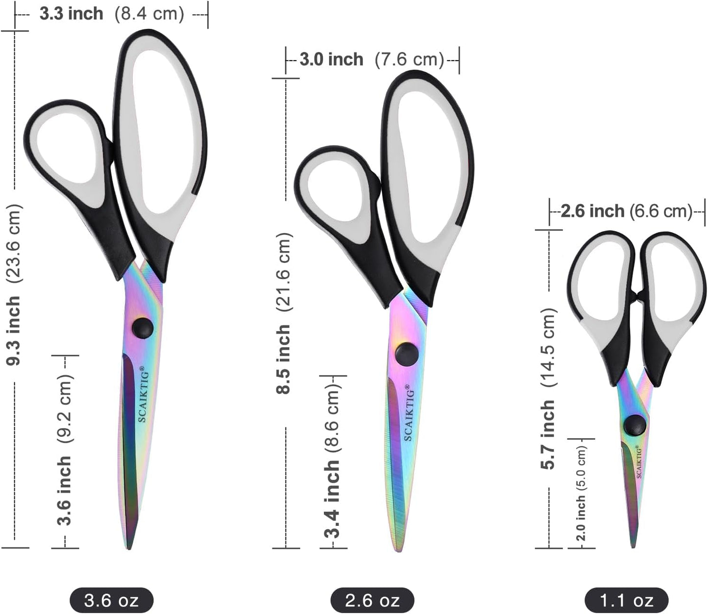Craft Scissors Set of 3 Pack, All Purpose Sharp Titanium Blades Shears, Comfort Grip Handle, Multipurpose Fabric Scissors Tool Great for Adults, Office, Sewing, School and Home Supplies, White&Black