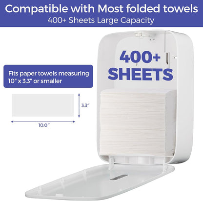 Commercial Paper Towel Dispenser Wall Mount with Lock – Fits 400+ Multifold/Trifold/Z-Fold/C-Fold Towels – Large Paper Towel Holder for Bathroom, Kitchen, Office, Home or Business (White)