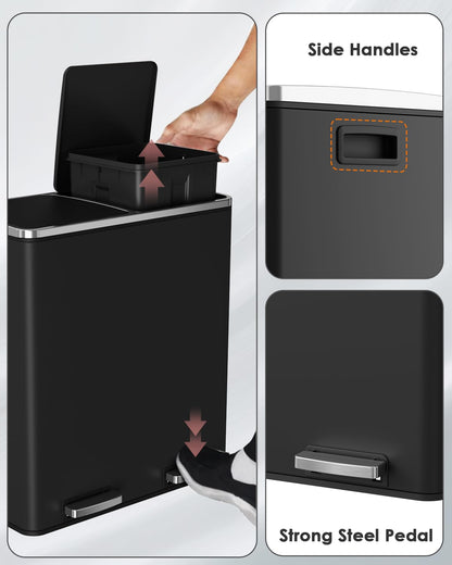 Arlopu 16 GallonStainless Steel Trash Can, 60L Dual Compartment, Metal Kitchen Step Recycle Bin, Metal Double Dustbin, in-Home Garbage Rubbish Can W/Removable Liner Buckets (Black)
